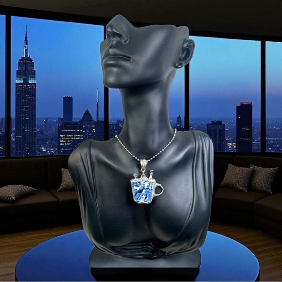 Blue Willow China Cappuccino Pendant With Artisan Silver Detailing & Ball Chain - Picture 14 of 15